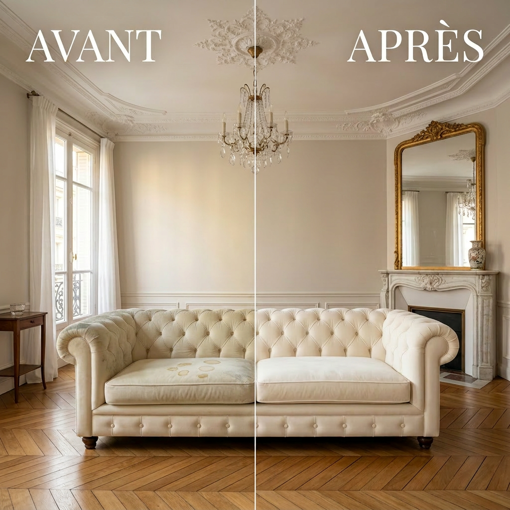 Canapé en velours dans un appartement haussmannien : avant / après nettoyage vapeur STG SIGNATURE