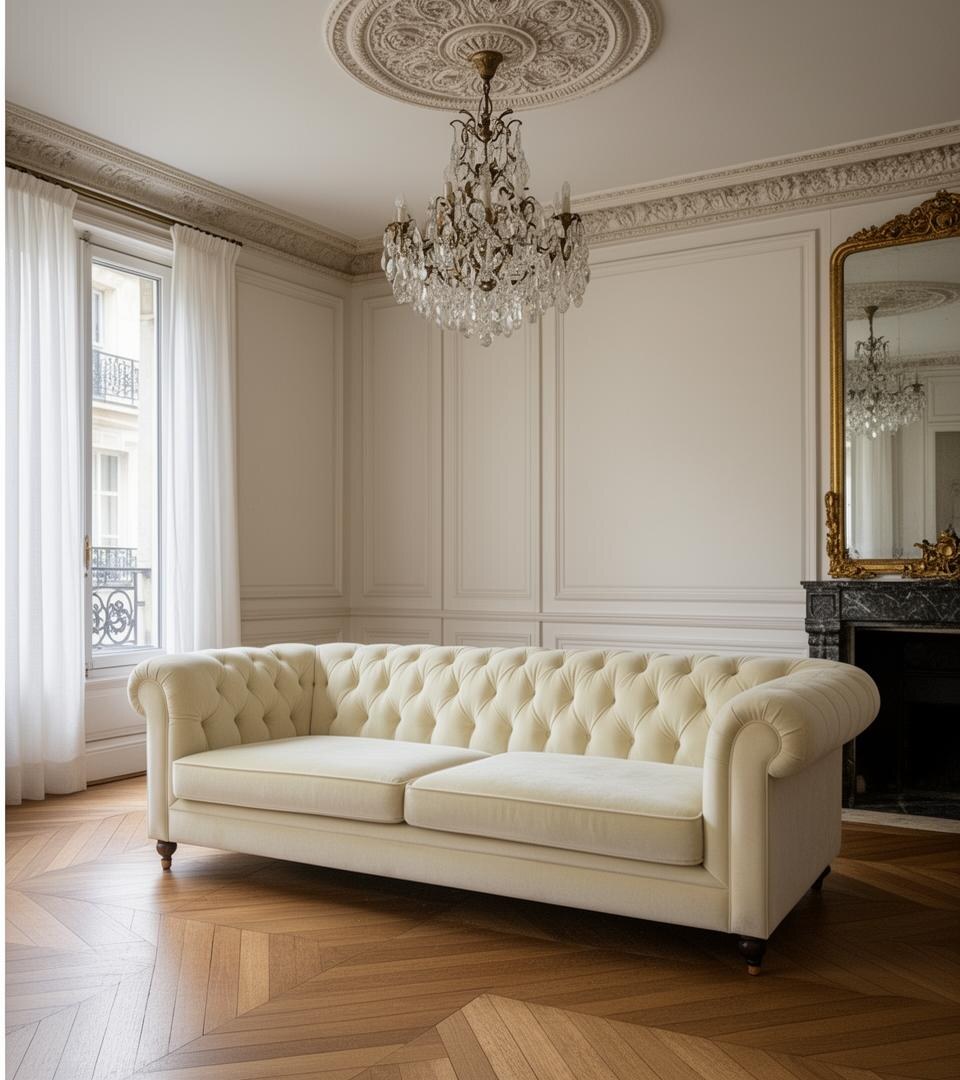Après · Canapé chesterfield velours, appartement haussmannien