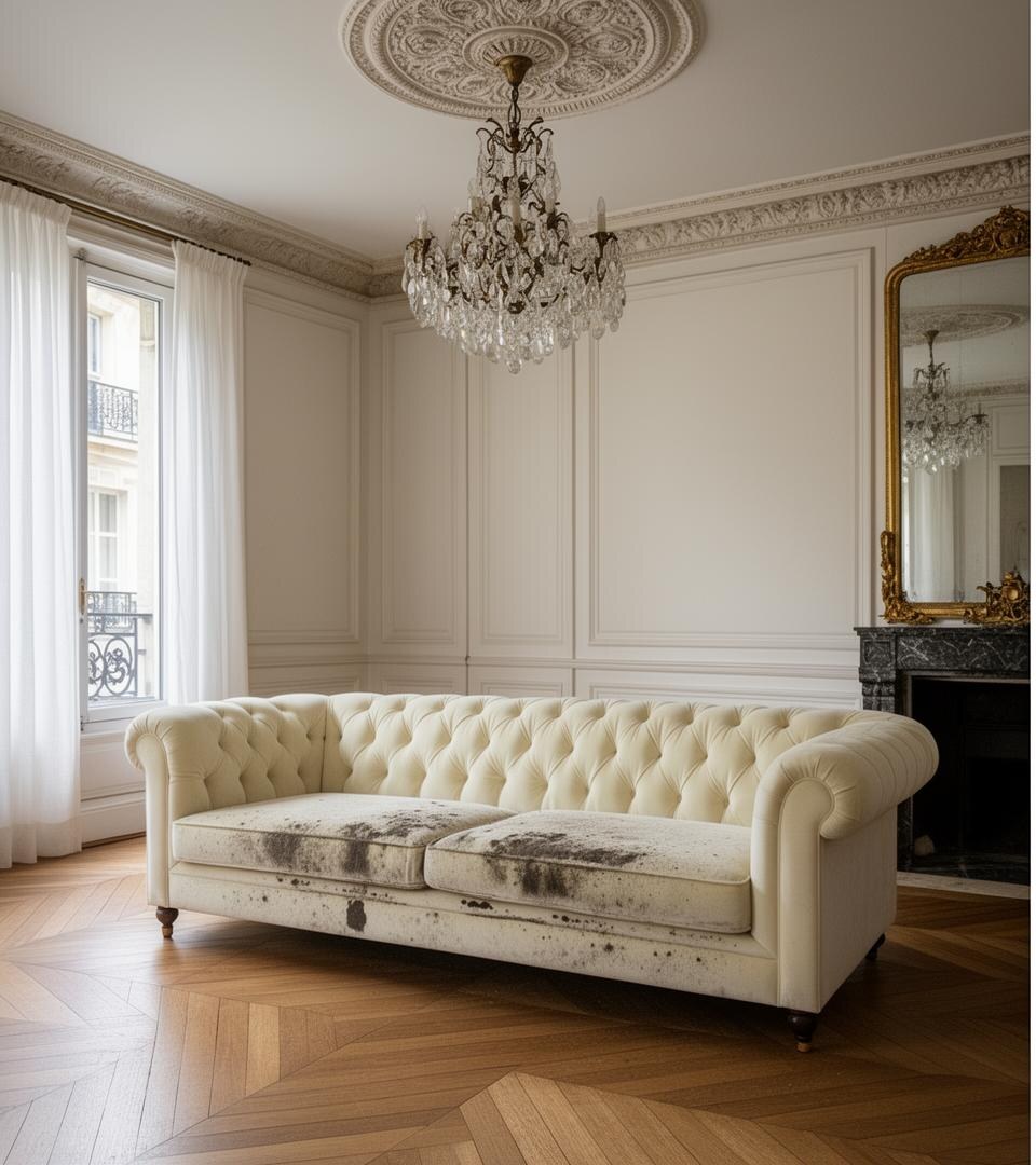Avant · Canapé chesterfield velours, appartement haussmannien